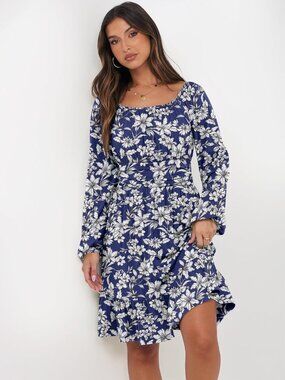 Women's Navy White Long Lantern Sleeve Ruffle Flowy Swing A-Line Short Dress